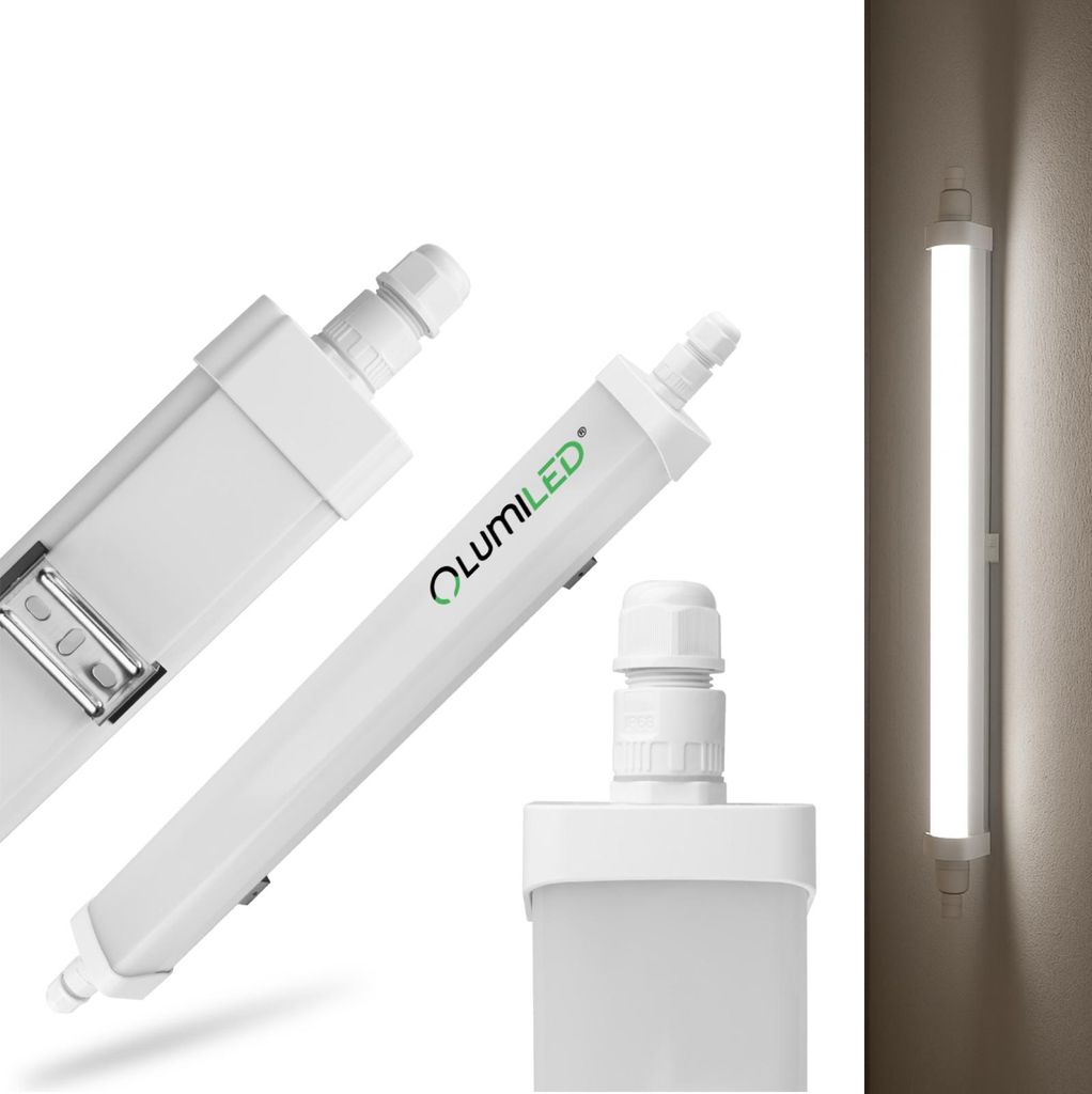 Product shots of a white LED light fixture against a white background, with one fixture shown mounted on a wall in a separate inset.