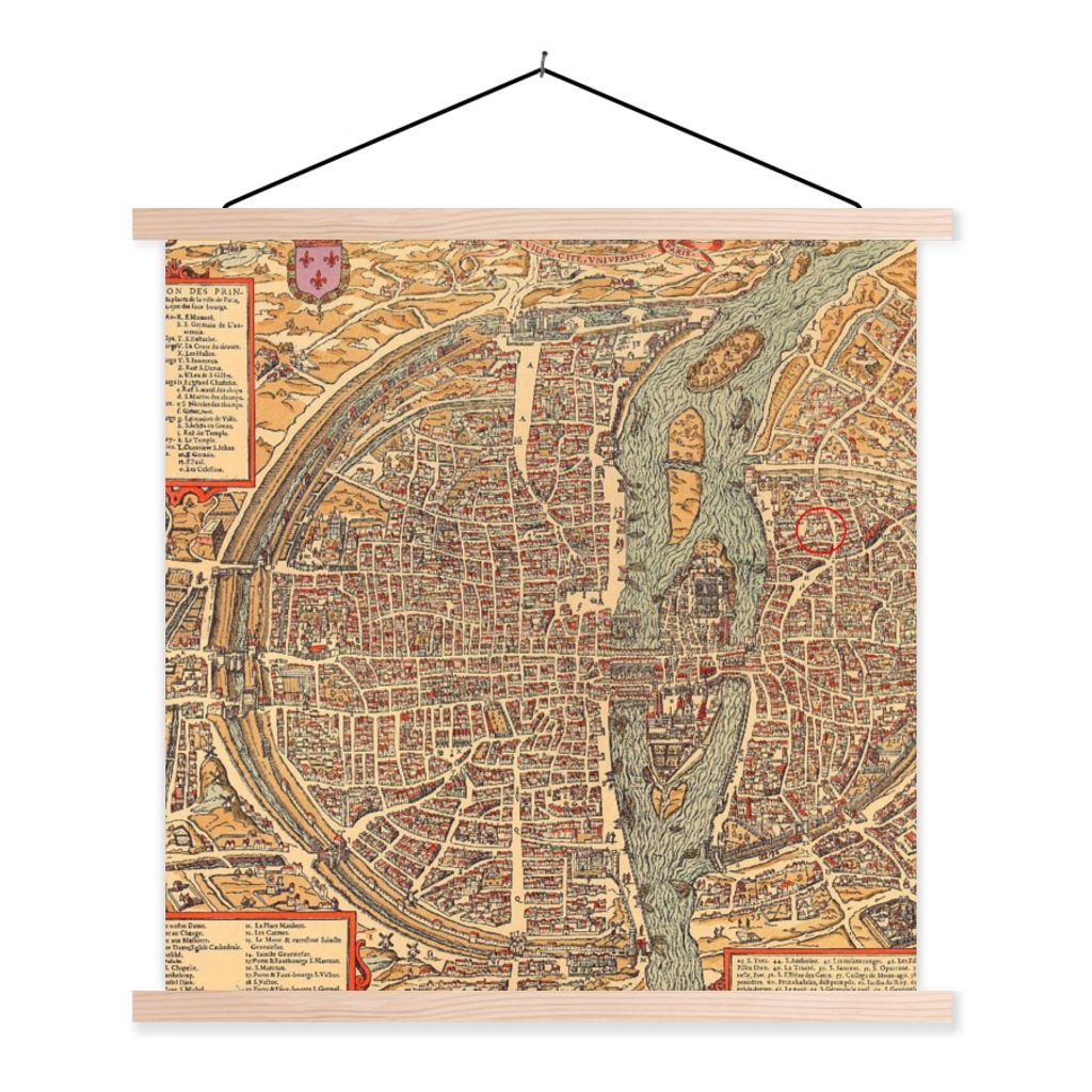 MuchoWow Textilposter Stadtplan von Paris - Seine - Frankreich - Stadtplan 40x40 cm mit holzfarbenen Rahmen - Posterleiste