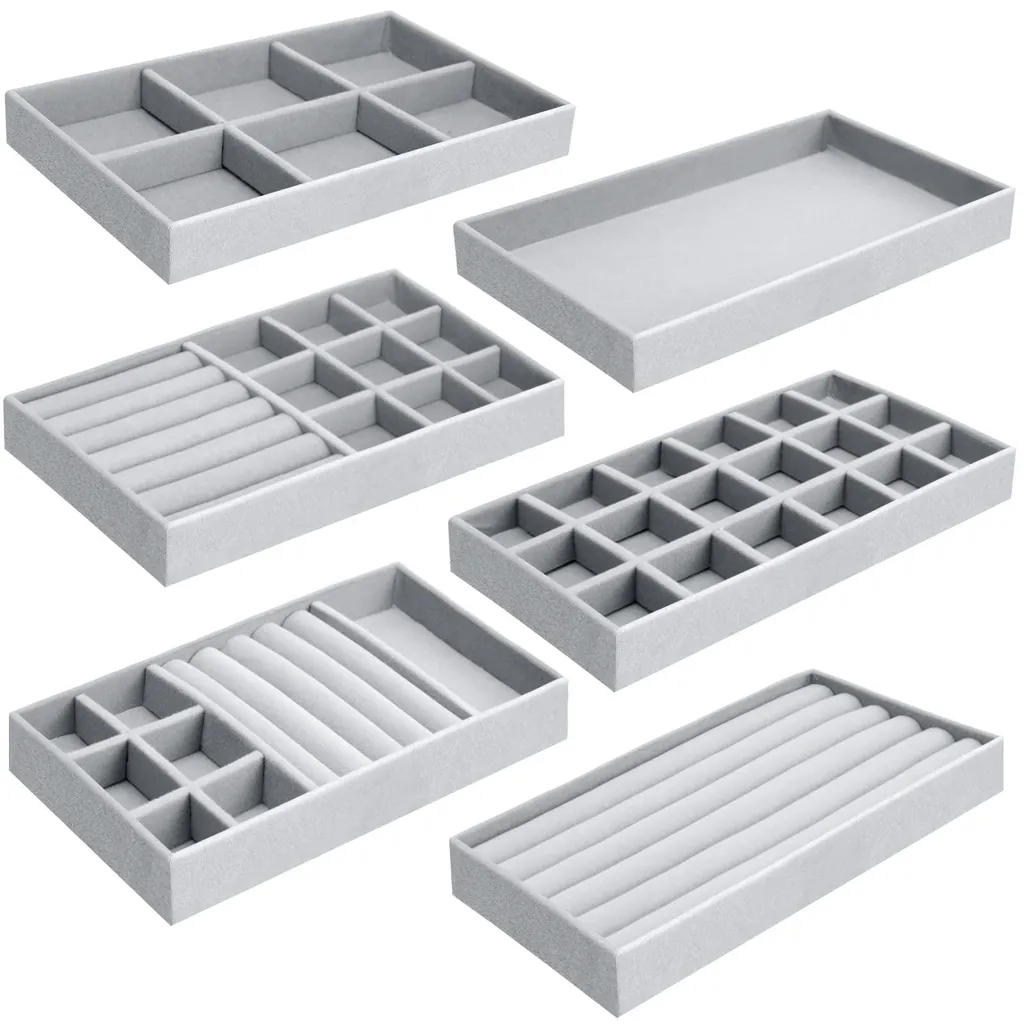 Plateau bijoux velours gris 6 compartiments, protection douceur bagues