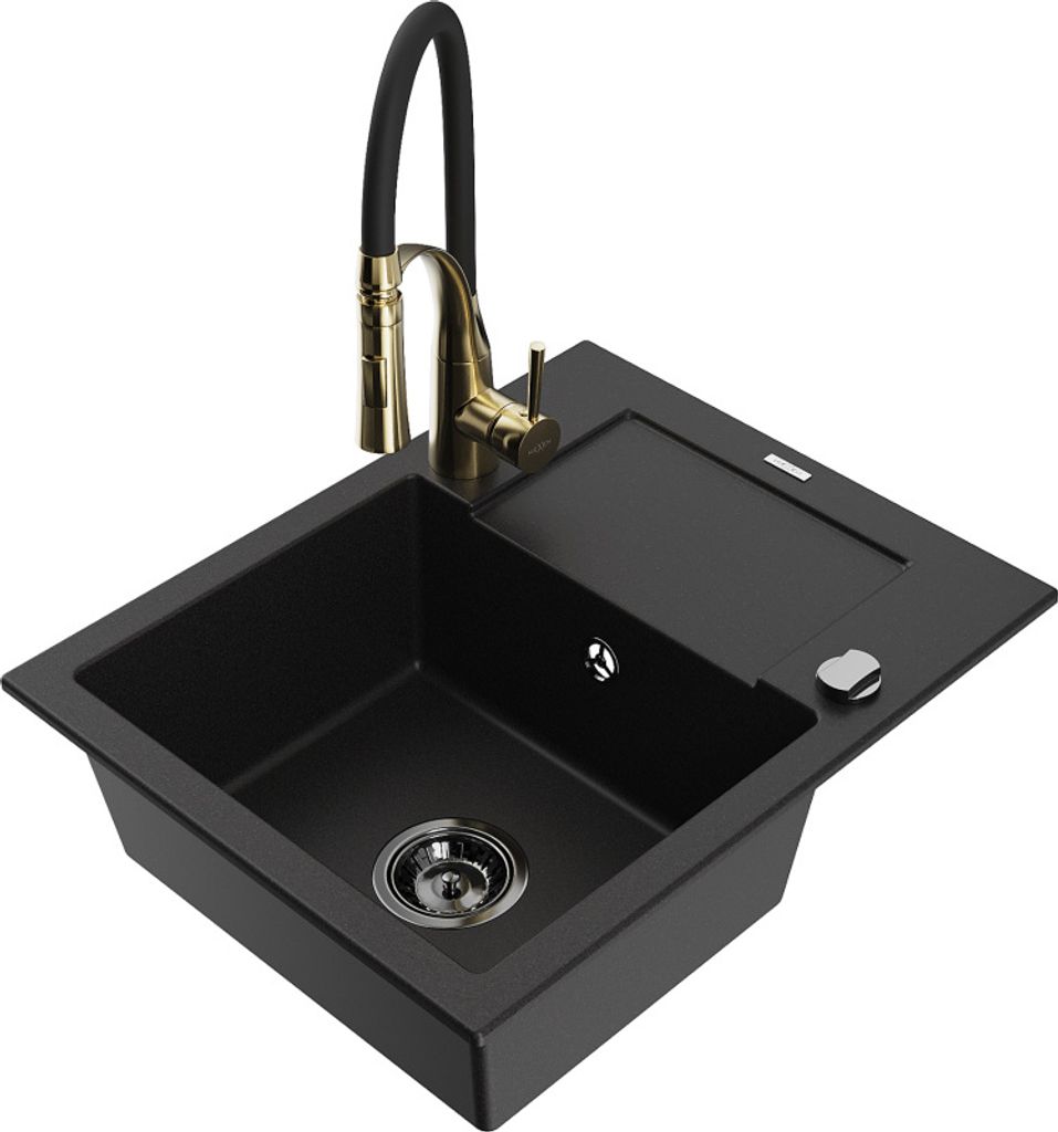 Mexen Enzo 1 Becken-Granitspüle mit Abtropffläche und Mischbatterie Aster, Schwarz - 6506-77-73450-57-B