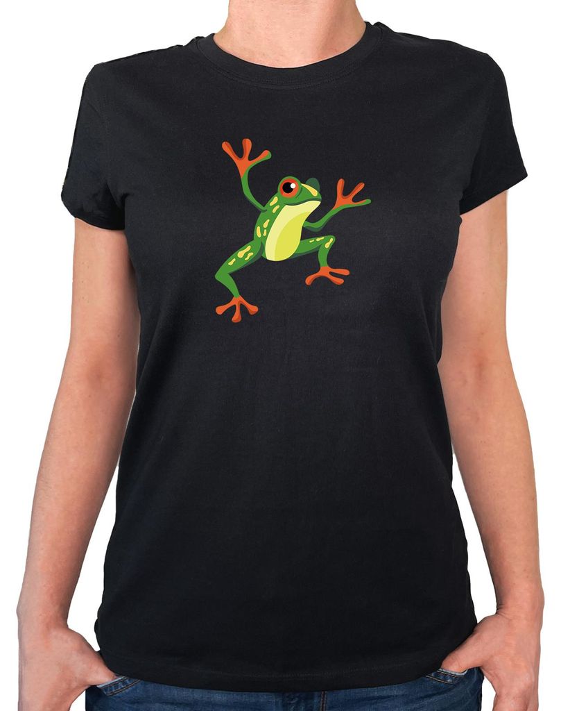 Huuraa Damen T-Shirt Frosch Comic XL Black Bio Baumwolle Fairtrade Damenshirt Geschenkidee