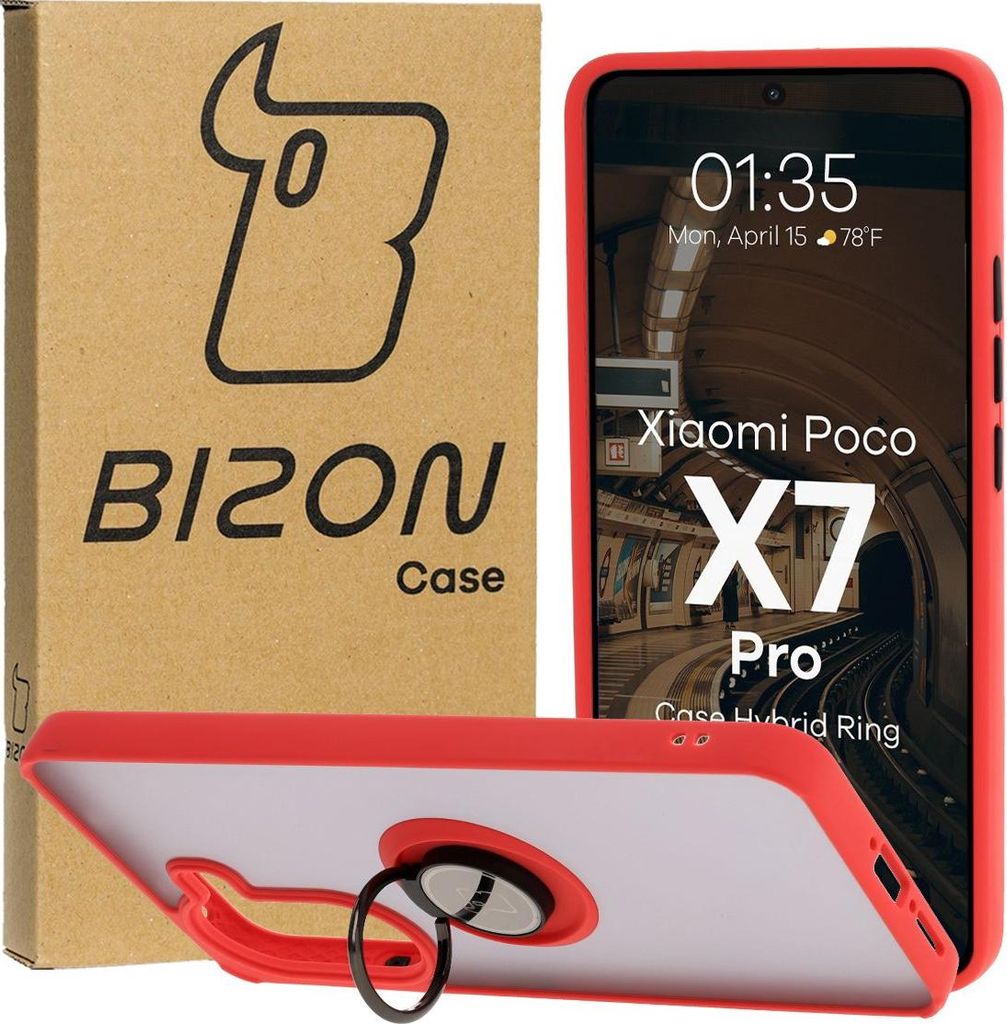 Bizon Case Hybrid Ring Fingerring Hülle für Xiaomi Poco X7 Pro, Rauch mit rotem Rahmen