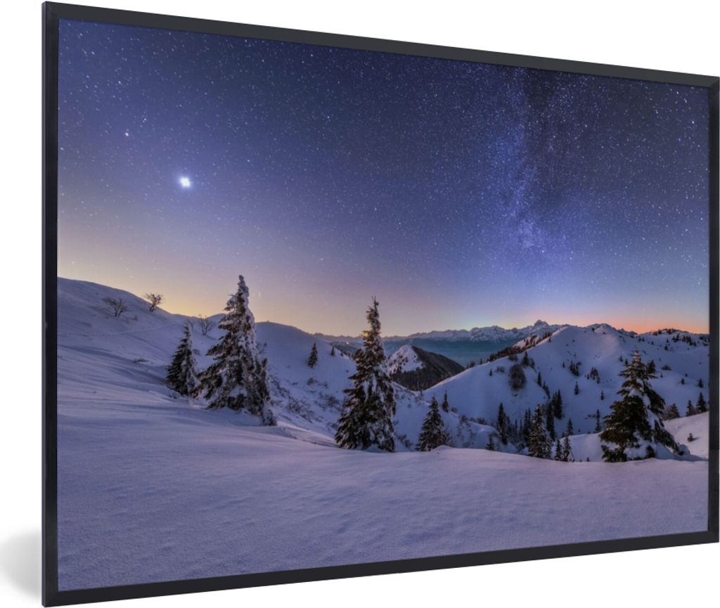 MuchoWow Gerahmtes Poster Winter - Schnee - Nacht - Bäume 30x20 cm - Poster mit Schwarzem Bilderrahmen Wandposter Rahmen Foto Bilder - Kunstdruc...