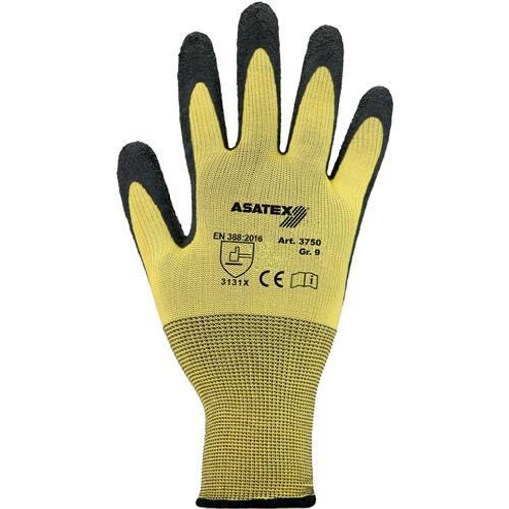 Handschuhe Gr.7 gelb/schwarz EN 388 PSA II Nyl.m.Naturlatex ASATEX