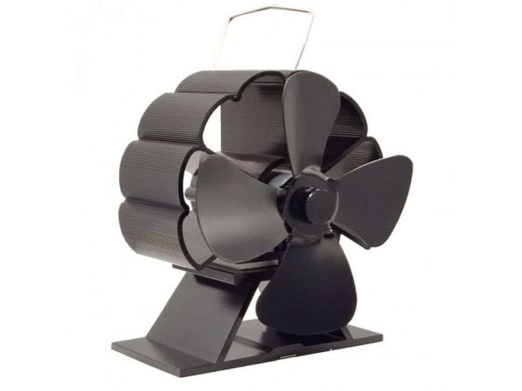 A black stove fan with four blades sits on a white background.