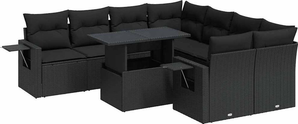 vidaXL 9-tlg. Garten-Sofagarnitur mit Kissen Schwarz Poly Rattan
