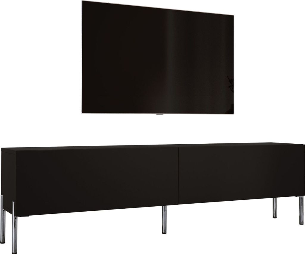 TV-SCHRANK : Mattschwarz / Schwarz glänzend mit Beinen in Chrom, 170 x 52 x 32 cm