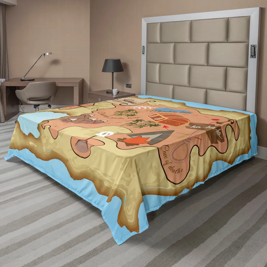 ABAKUHAUS Lenzuolo con motivo isola, vecchia mappa del tesoro della spiaggia tropicale con chiave del forziere Tema mondiale, lenzuolo morbido e confortevole per un letto decorativo 1 pezzo 275 cm x 260 cm, crema blu rosa