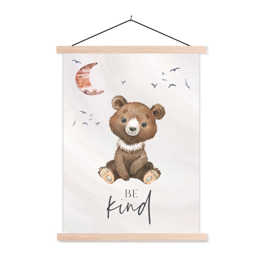 MuchoWow Textilposter Sprichwörter - Kind sein - Kinder - Teddybär - Aquarell 60x80 cm mit holzfarbenen Rahmen - Wandbild