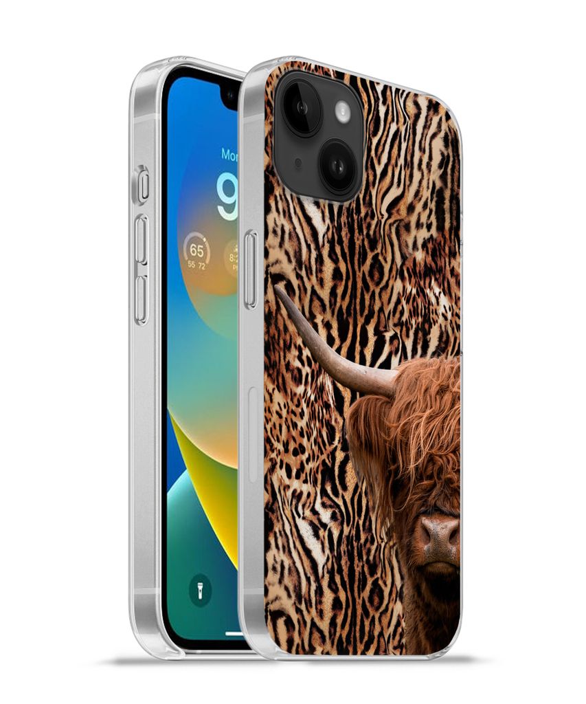 MuchoWow Handyhülle Schutzhülle Hülle für Apple iPhone 14 Plus - Soft case Schottischer Highlander - Kuh - Pantherdruck Silikon Softcase Hand...