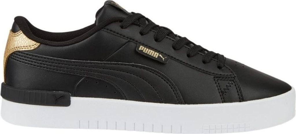 A black Puma sneaker with gold accents on a white background.