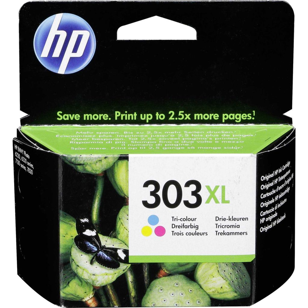 The image shows the packaging of an HP ink cartridge.