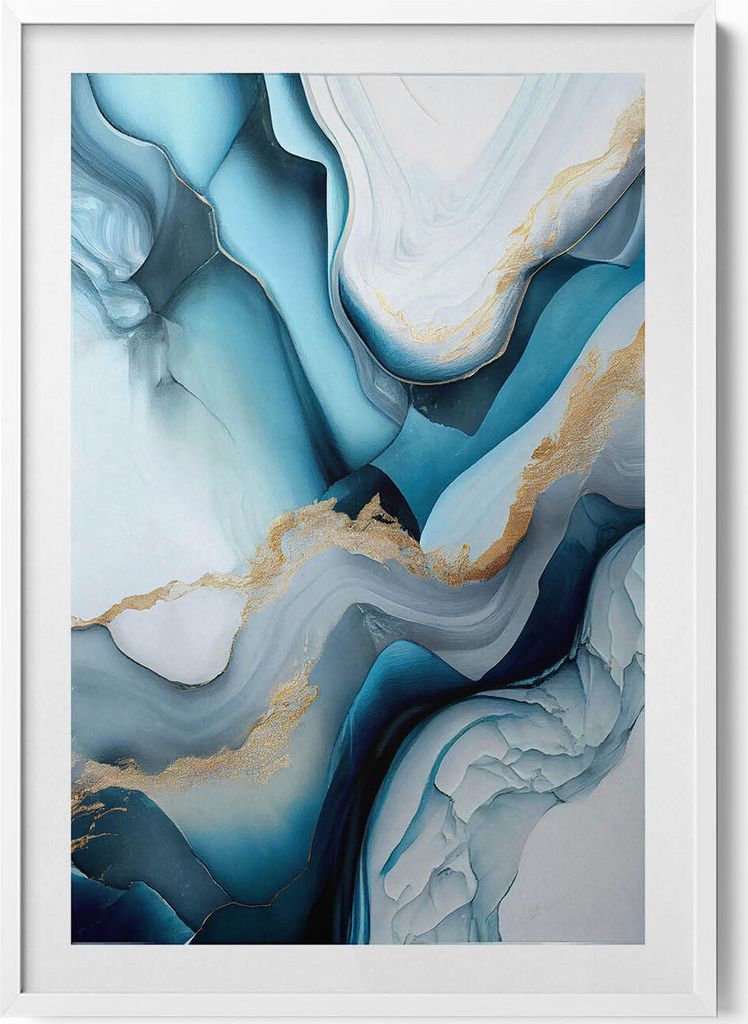 Flüssige Marmortextur mit Gold– Wandbild mit Rahmen – Gerahmtes Bild – Wanddekoration – 70x100 cm – Weiß Rahmen