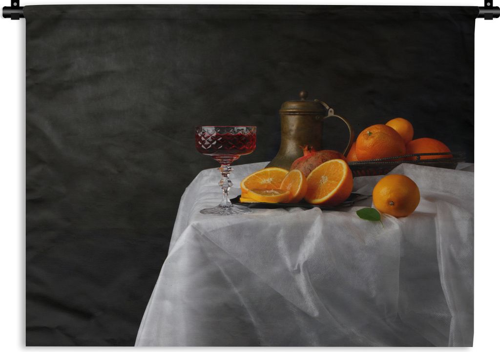 MuchoWow Wandteppich Wandbehang Stilleben - Mandarinen - Wein 90x67.5 cm Tapisserie Dekoration Wandtuch - Fototeppich - Wand-Skulpturen