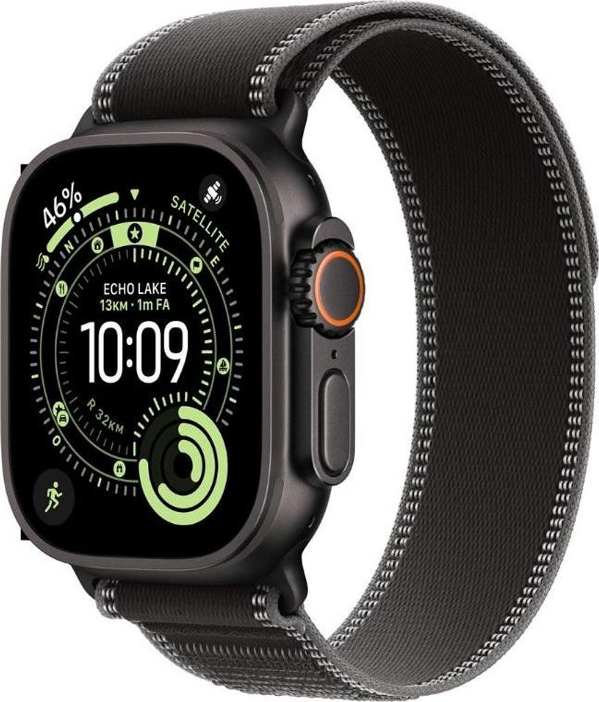 A close-up, angled view of an Apple Watch Ultra with a black case and a black and gray woven band.