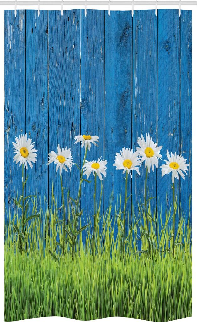 ABAKUHAUS Blume Schmaler Duschvorhang, Frühlings-Gras und Gänseblümchen, Badezimmer Deko Set aus Stoff mit Haken, 120 x 180 cm, Grün Weiß Blau