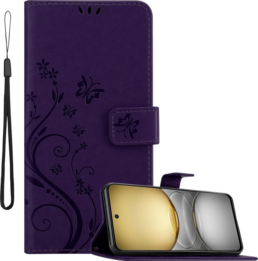 Cadorabo Hülle für Realme C75 Hülle in FLORAL DUNKEL LILA Schutzhülle im Blumen Design mit Magnetverschluss, Standfunktion und Kartenfächern B...