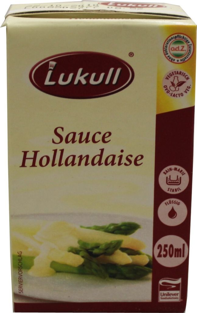 A box of Lukull Sauce Hollandaise with an image of the sauce served with asparagus.