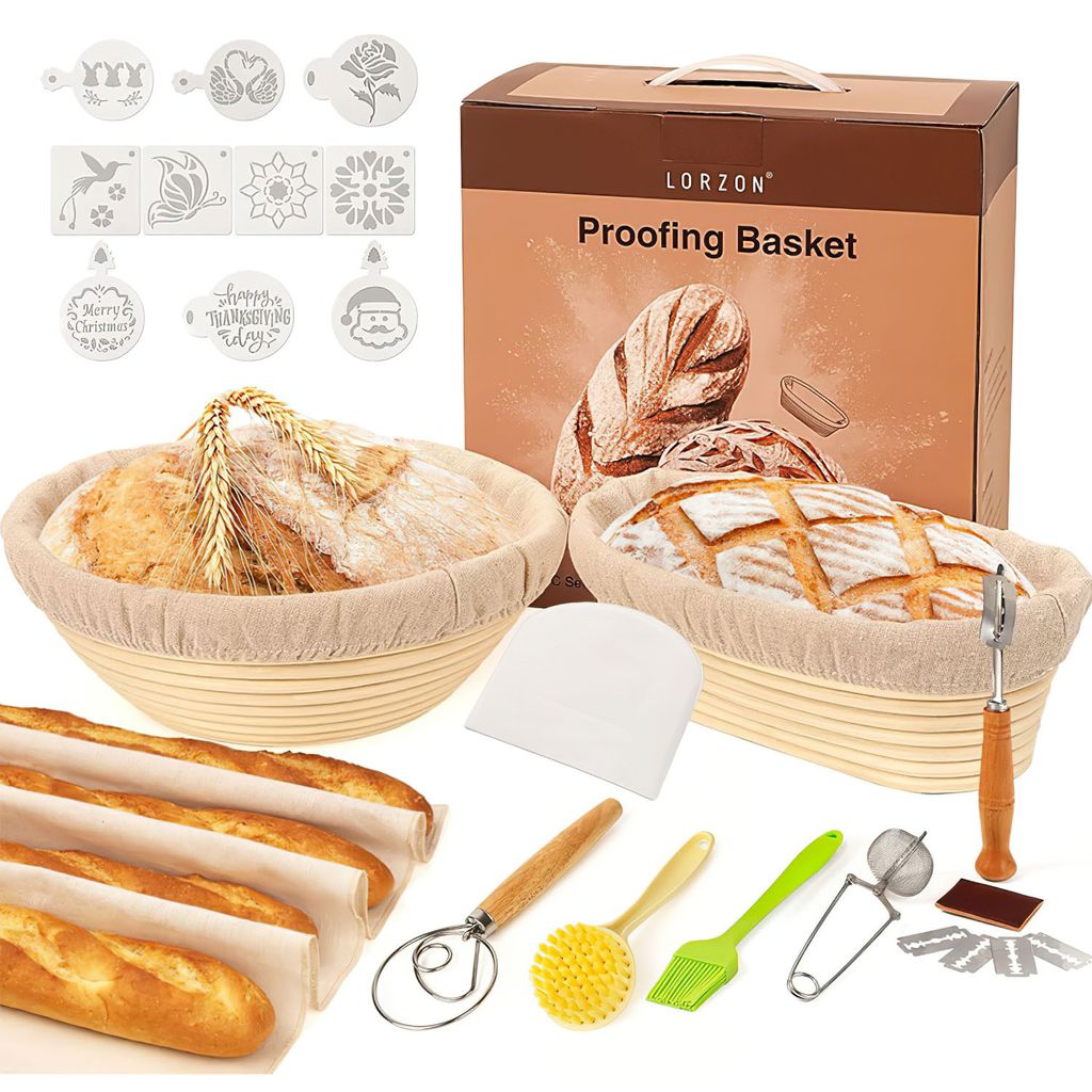 Gärkorb Gärkorb zum Brotbacken Bäckermesser Brotbackform Gärkörbchen Oval (Oval 25 cm und Rund 22cm Innen mit Leinentuch Nachhaltig und Natür...