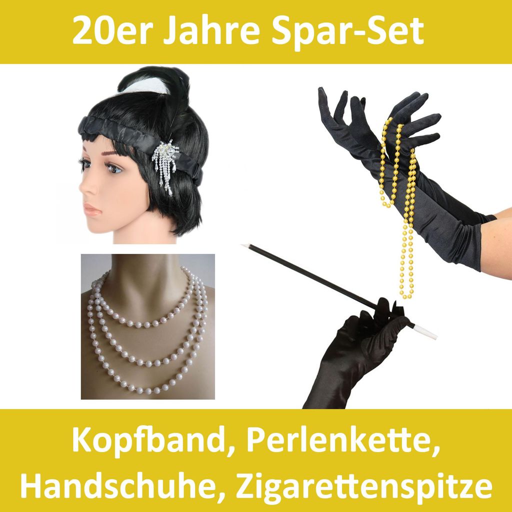 Spar-Pack | schwarze 20er Jahre Handschuhe und Perlenkette Produktbild 