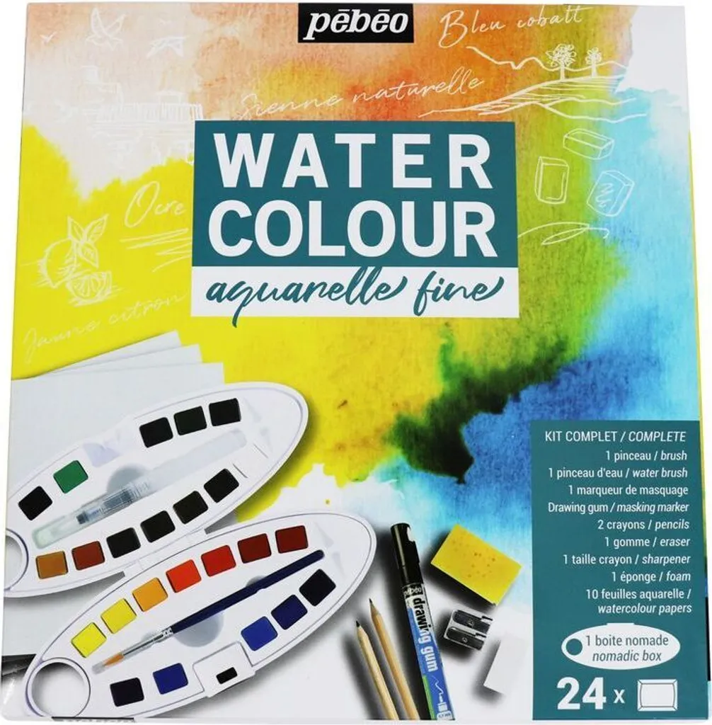 Boîte d'aquarelle de voyage avec 24 couleurs assorties et accessoires pro