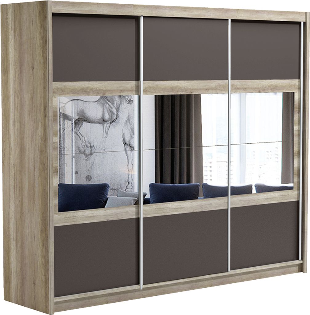 Schwebetürenschrank Salvador 250, 3 Türen Kleiderschrank mit 3 Spiegel, Moderne Garderobe, Schrank in Größe: 250 x 215 x 61 cm