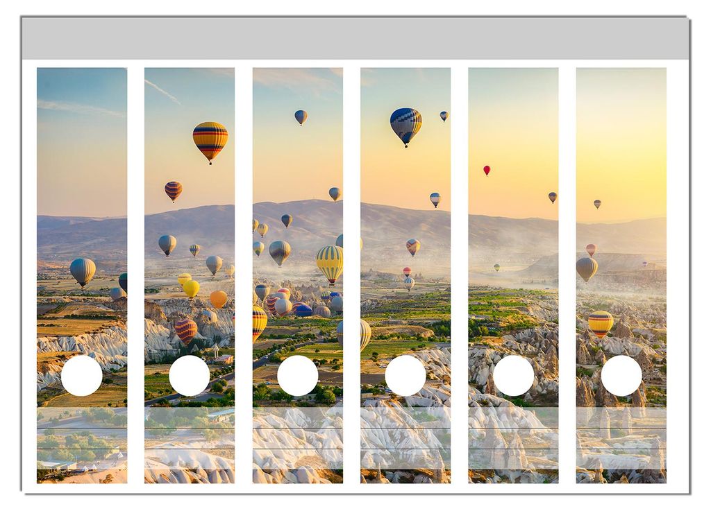 Wallario Ordnerrücken Sticker, selbstklebend für breite Ordner, 6 Stück, Motiv Heißluftballons über Felsenlandschaft