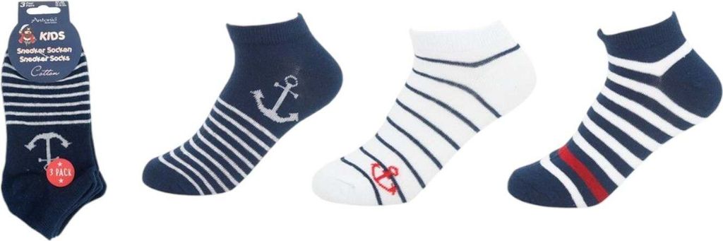 Kinder Sneaker 3er Pack » Socken Maritim Style » 3 Paar Kindersocken » Wollsocken: Anker + Streifen / 35-38