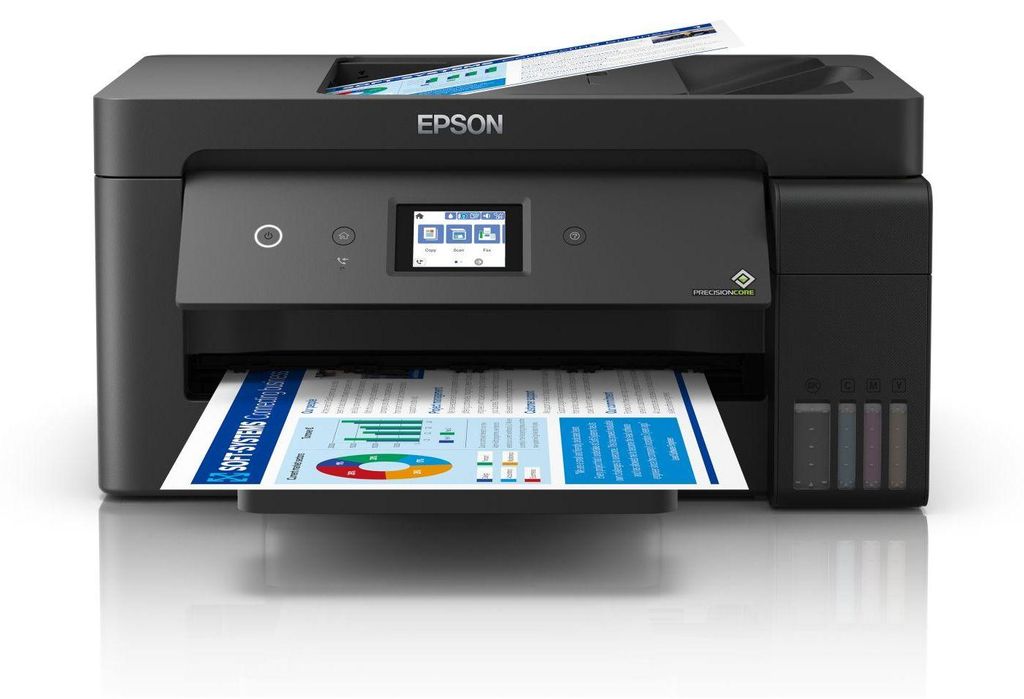A black Epson EcoTank ET-15000 printer is shown from the front, printing a document with charts and graphs. The printer has a small screen and ink tanks on the side.