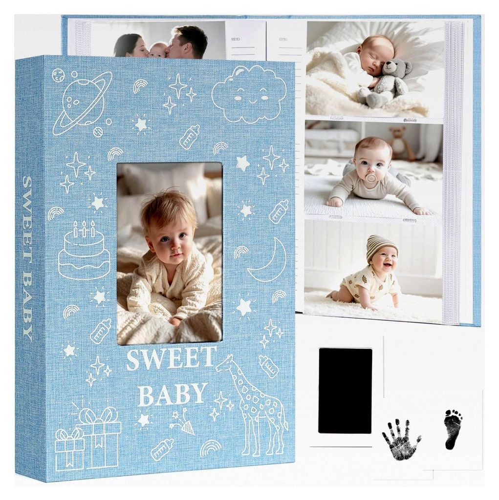 Baby-Fotoalbum 10x15 300 Taschen mit Memo-Bereich und Hand- und Fußabdruck-Kit, Leinenbezug, Einsteck-Erinnerungsbuch mit Frontfenster, säurefrei...