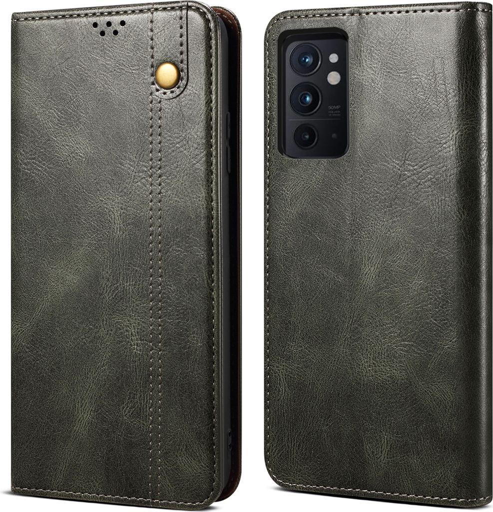 OnePlus 9RT 5G Hülle, Leder Flip Brieftasche Schutzhülle für OnePlus 9RT 5G Grün