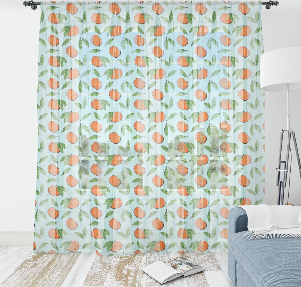 Grande tenture murale motif fruits et feuilles satin bleu et rouge 274cm