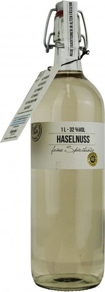 A clear studio shot of a bottle of hazelnut liqueur.