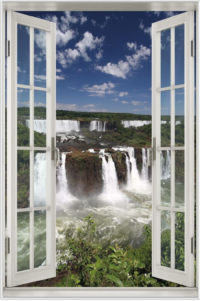 Wallario Wandbild mit Fenster-Illusion: Iguazu-Wasserfälle, Größe: 61 x 91,5 cm, Poster mit weißem Aluminiumrahmen