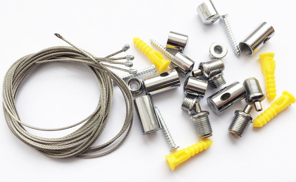 A collection of metal mounting hardware for LED panels, including cables, screws, and anchors, laid out on a white background.