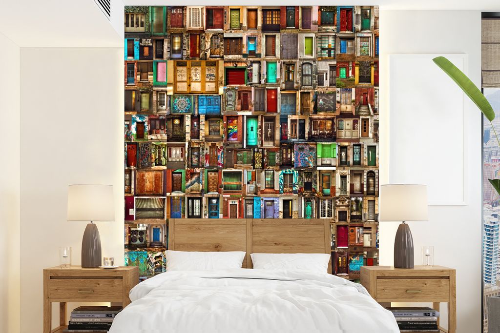 MuchoWow Fototapete für Wohnzimmer oder Schlafzimmer Wandtapete Vinyl Motivtapete Türen - Bunt - Collage - Architektur - 160x220 cm - Bildschir...