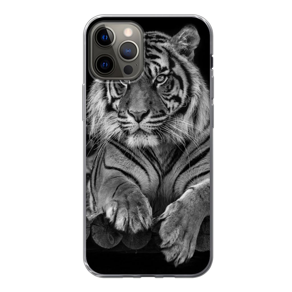 MuchoWow Handyhülle Schutzhülle Hülle für iPhone 13 Pro Sumatra-Tiger auf schwarzem Hintergrund Silikon Softcase Handy Hülle - Handy-Tasche