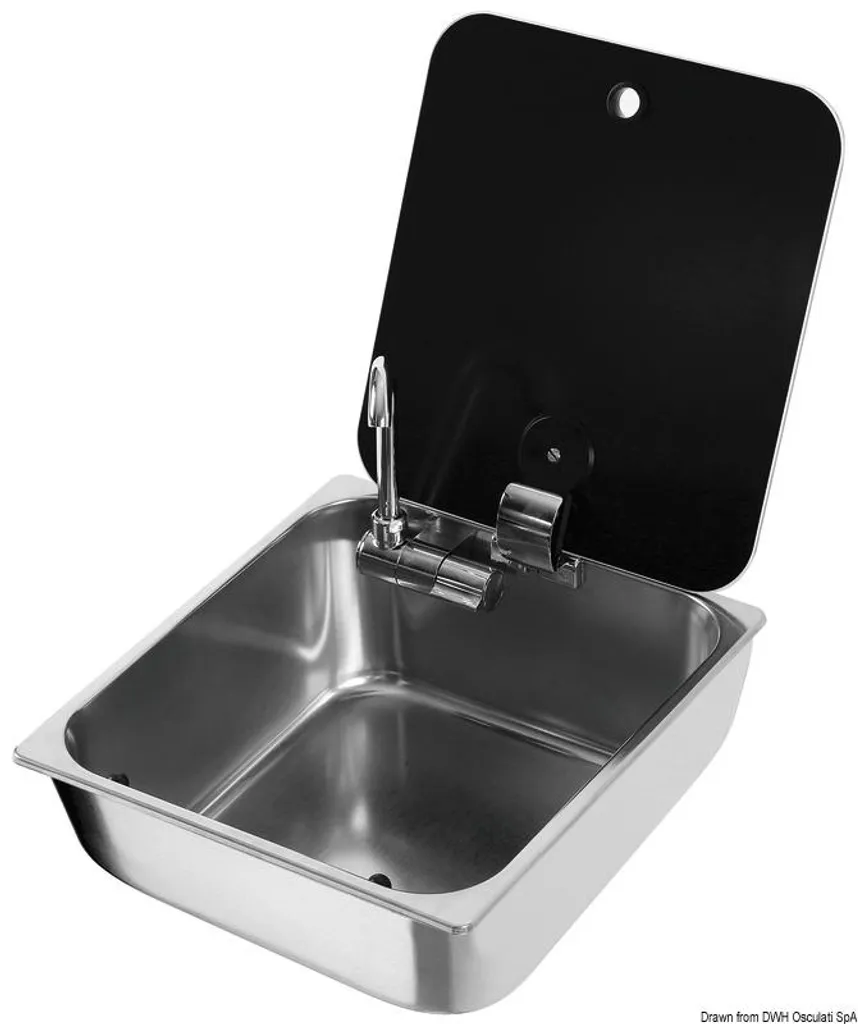 Évier en inox brossé 325x350 mm et son couvercle en verre noir fumé