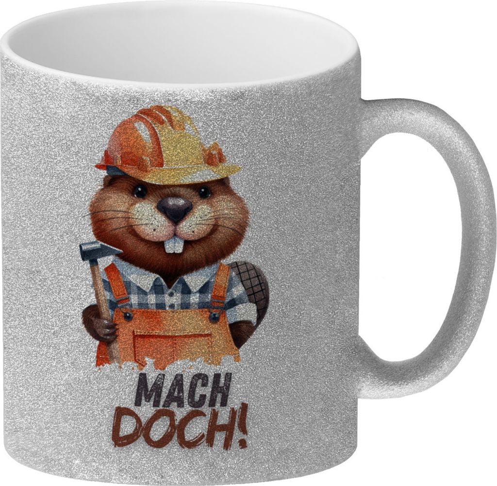 Biber Glitzer-Kaffeebecher mit Spruch Mach doch!