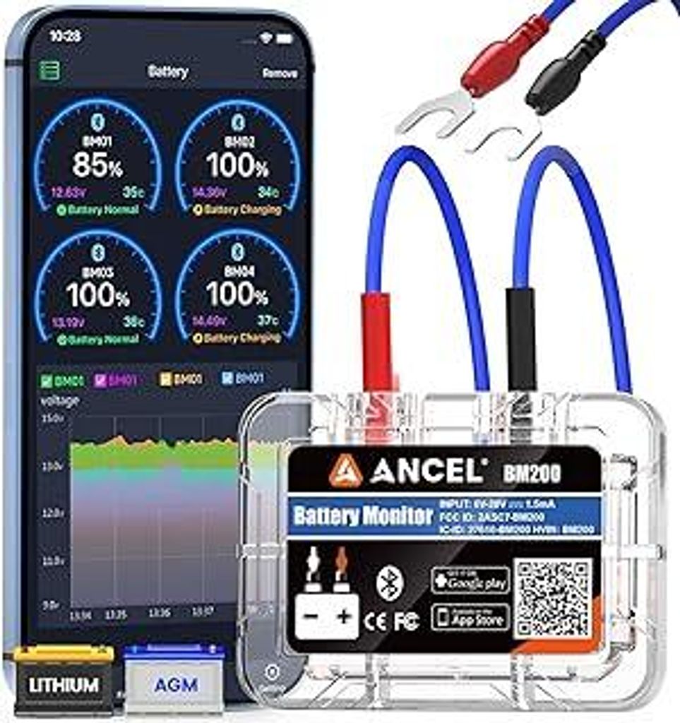 ANCEL BM200Blue Batterie Monitor für 12V Lithium(LiFePO4) & Bleibatterien(Nass,EFB,AGM,Gel), Auto Batteriewächter Bluetooth Batterietester mit St...