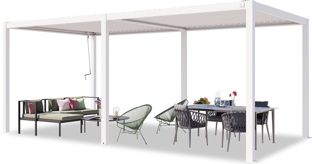 PRIMEYARD Pergola 3x6 m Aluminium-Pfosten mit Lamellendach aus Stahl weiße Terrassenüberdachung