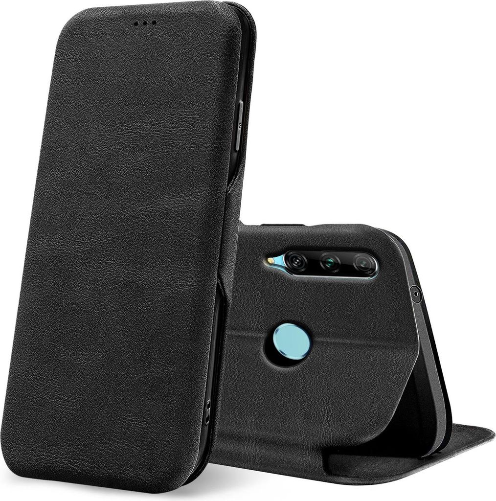A black flip case for a smartphone is shown from the side, with the phone inserted and its back visible.