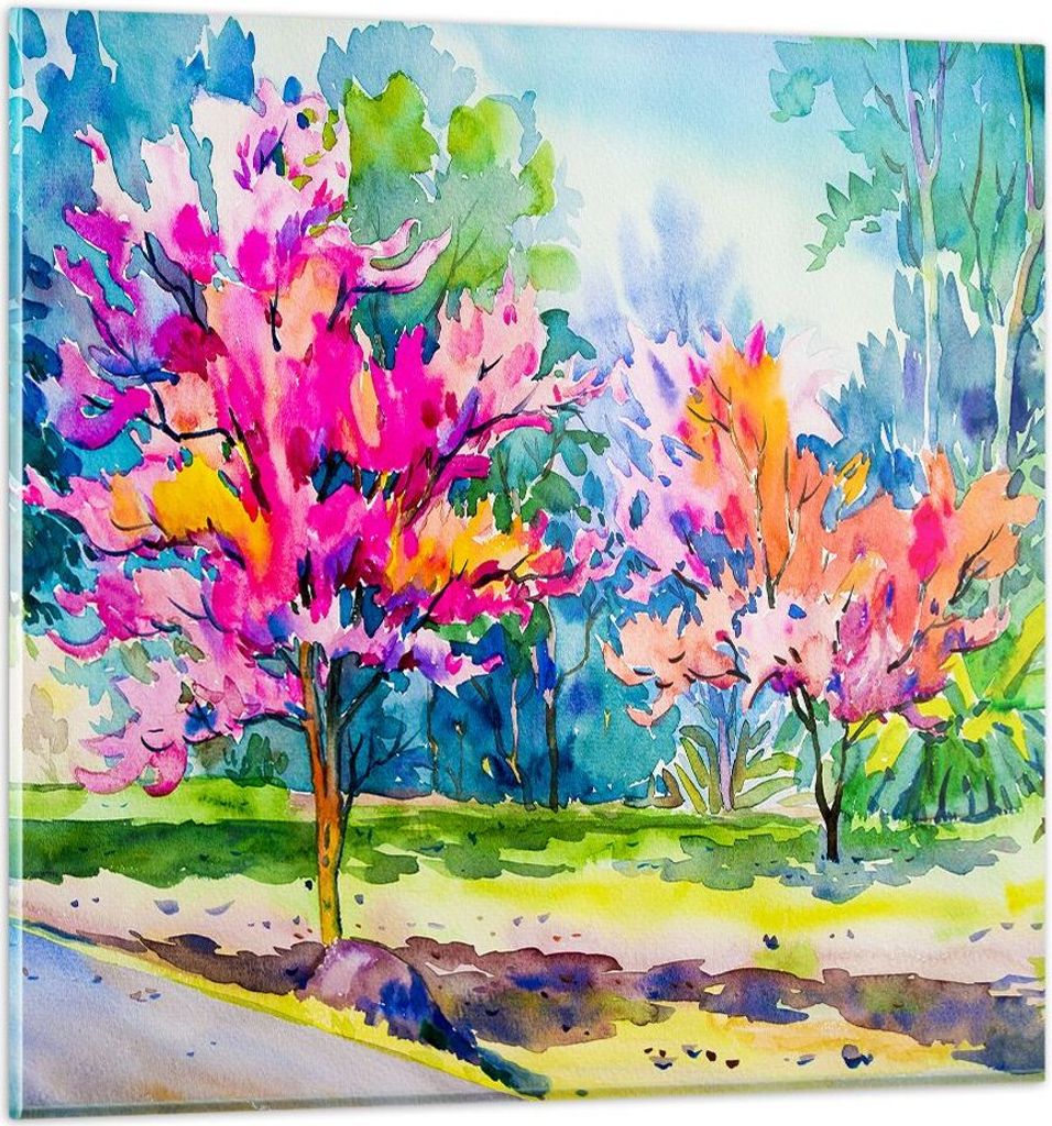 Bilder auf glas - Bäume Mehrfarbig Natur Frühling - 60x60cm - Glasbilder - Wandbilder - Kunstdruck - zum Aufhängen bereit - Wanddekoration aus G...