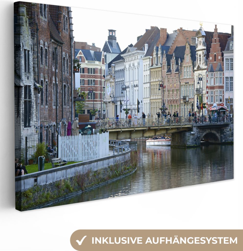 OneMillionCanvasses - Leinwandbilder - 140x90 cm, Wasser - Architektur - Gent, Wandbilder Kunstdruck Wanddekoration - Foto auf Leinwand - Gemäld...
