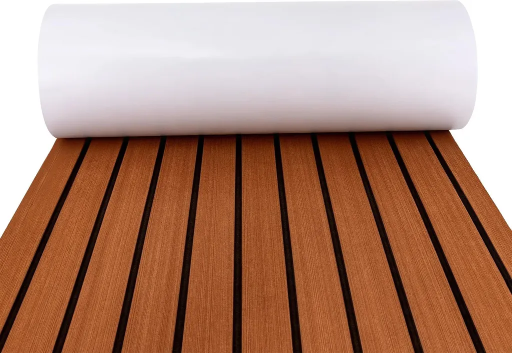 Tappetino per barca, Tappetino marino in finto teak, Design antiscivolo, Facile installazione, MARRONE