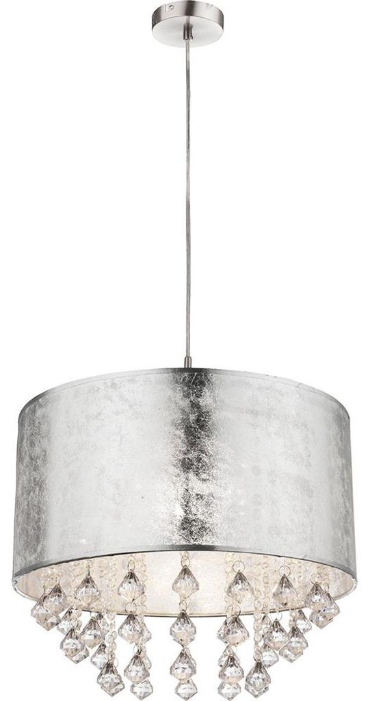 LED Hängeleuchte, Kristalle, Textilschirm, silber, H 140 cm Produktbild 