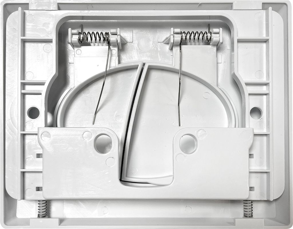 The image shows the internal mechanism of a toilet flush actuator plate.