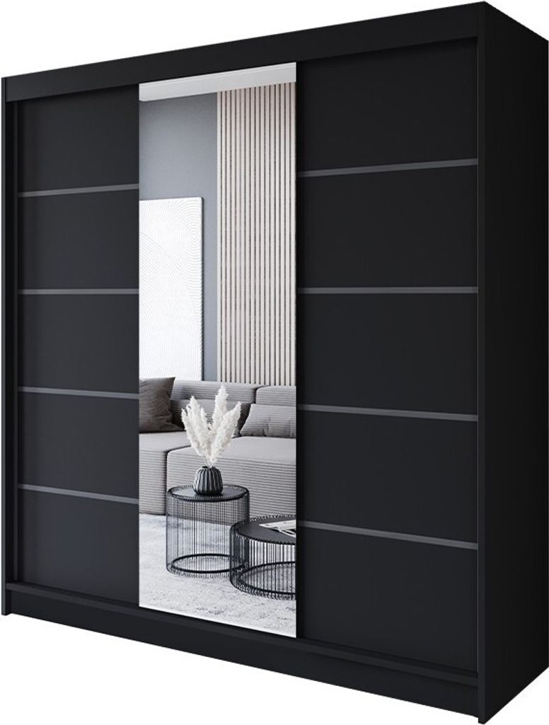 Easy4You R6 200 cm Schwarz Schiebetüren Kleiderschrank 200x215x58 cm mit Spiegel - Schlafzimmermöbel, Aufbewahrung - Mehrzweckschrank