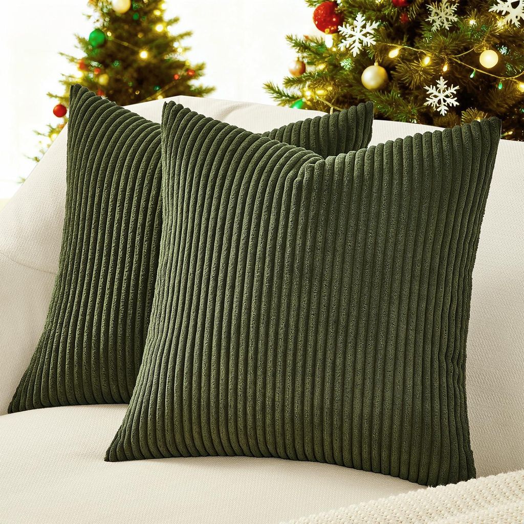 Set mit 2 Kissenbezügen 40x40 cm, olivgrün, Cord, gestreiftes Muster, dekorative Kissen für Sofa, Sessel, Wohnzimmer