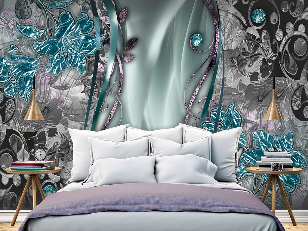 Vlies Fototapete Blumen Abstrakt 400x280 cm Tapeten Wandtapete XXL grau blau türkis f-C-0208-a-c